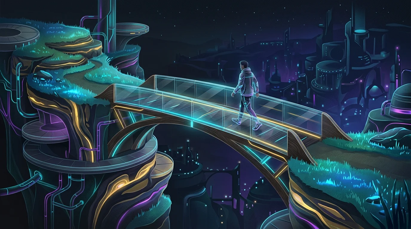 Person walking across a bridge to represent the transition of COBRA insurance coverage between jobs.