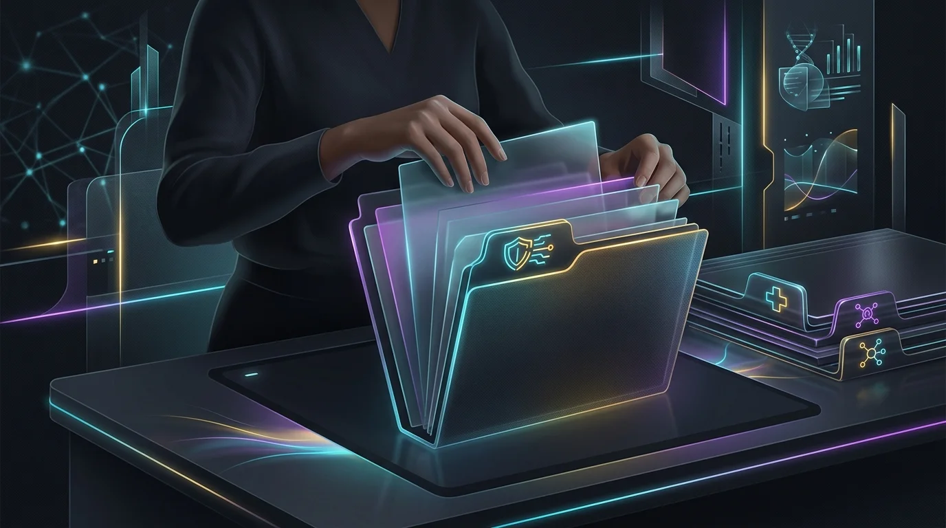 Person organizing COBRA insurance notification documents and coverage paperwork into a file folder.