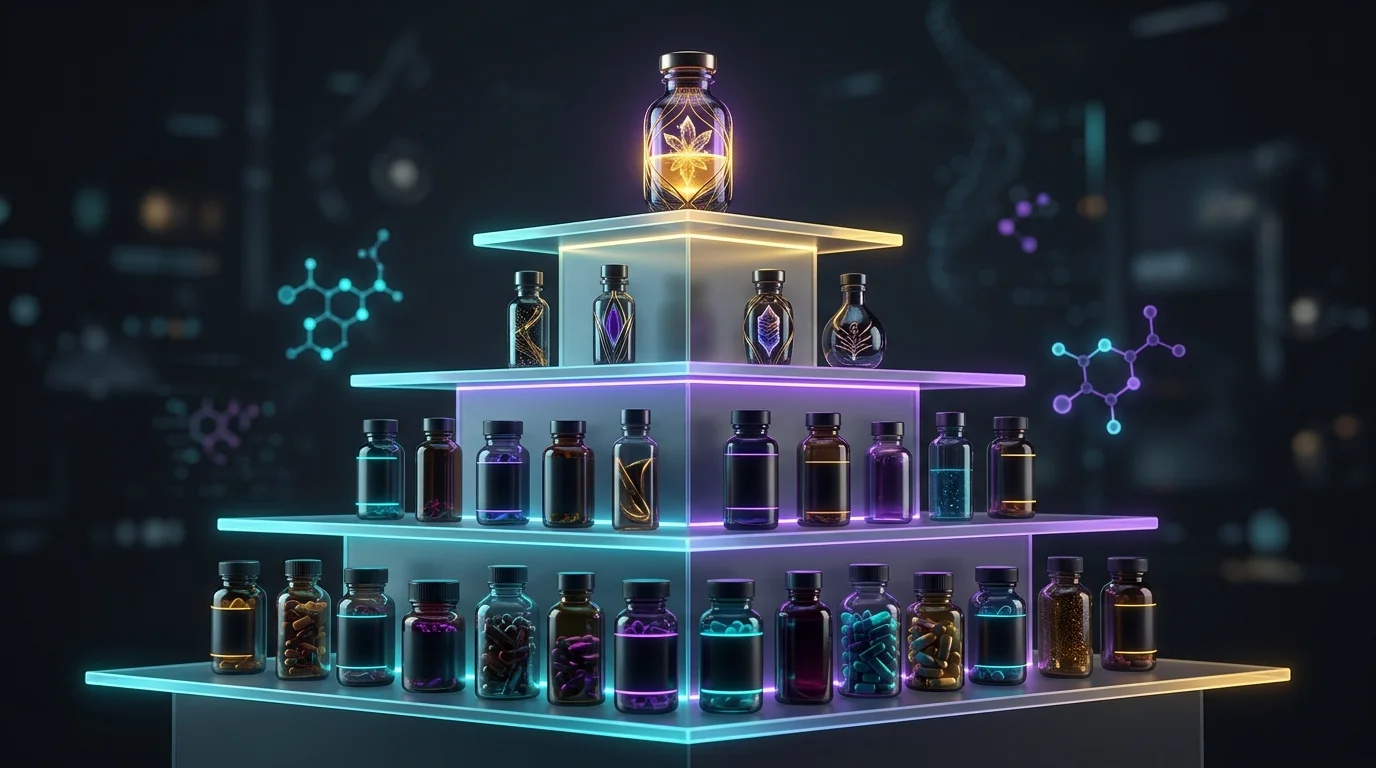 Medicine bottles on tiered shelves representing how prescription drug coverage tiers affect copay costs.