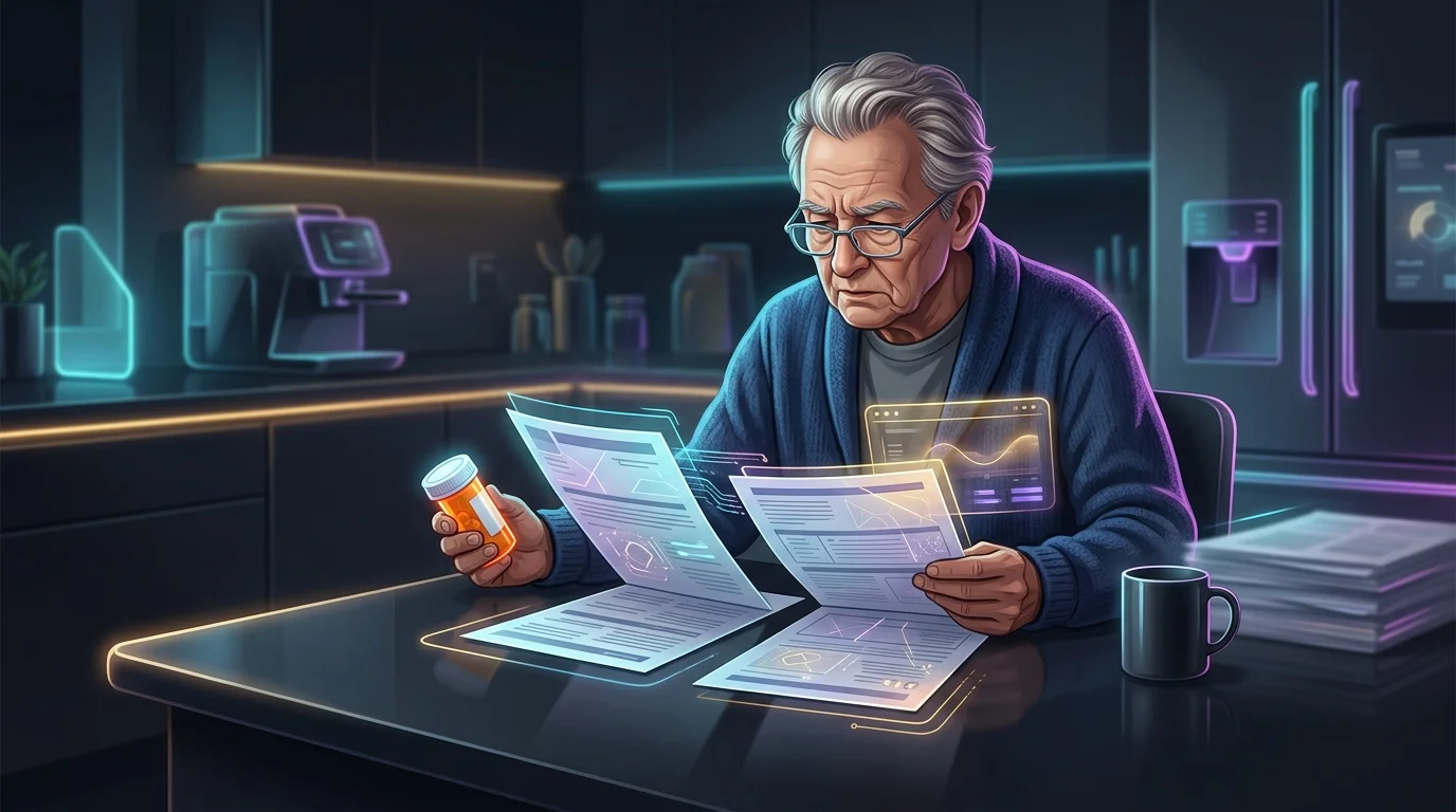 Senior reviewing Medicare Part D prescription drug coverage documents at a table with medication.