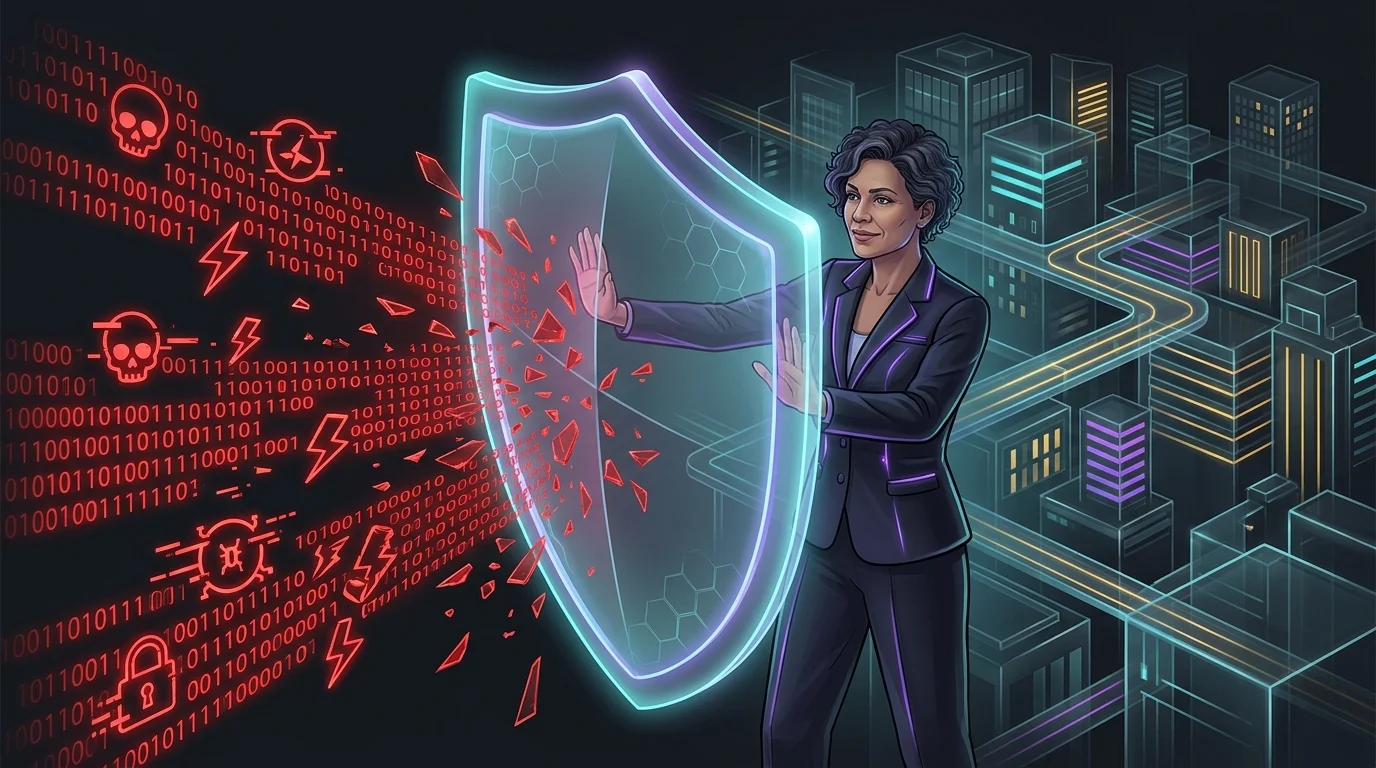 Business owner using a digital shield to protect their office complex with comprehensive cyber insurance coverage.