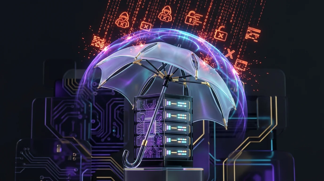 Digital umbrella protecting a server rack from a storm of binary code and hacker icons for cyber insurance coverage.