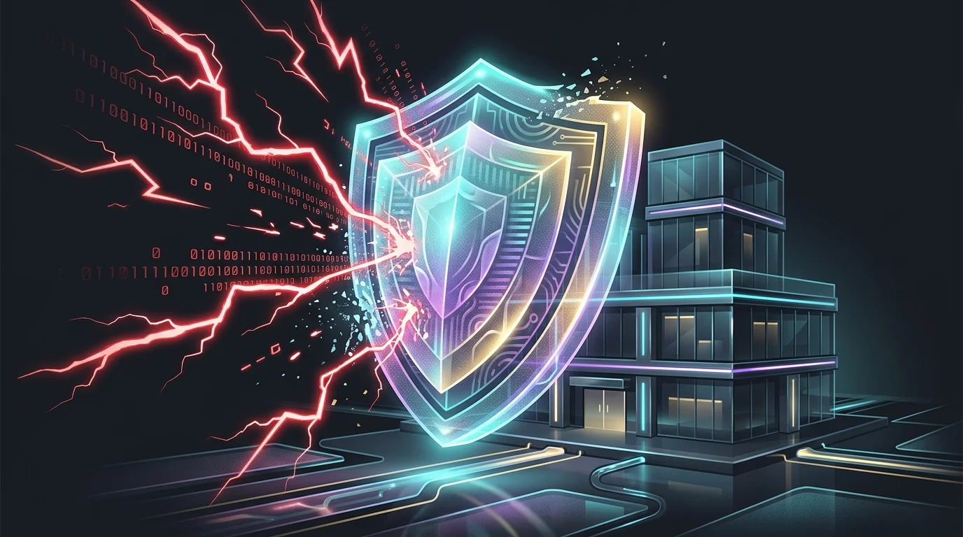 Digital shield protecting a small business office from cyber threats like data breaches and ransomware attacks.