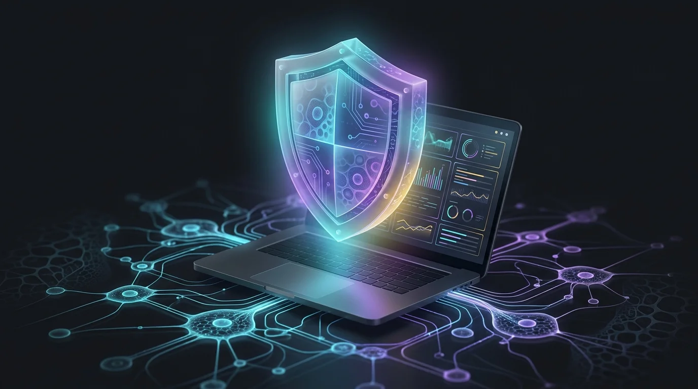 Digital shield icon protecting a laptop connected to a network, representing essential cyber insurance coverage.