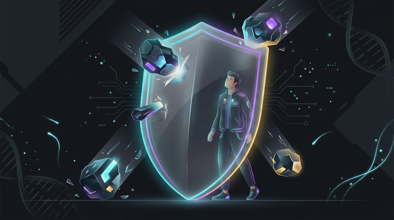 Freelancer protected by a glass shield from falling liability risks, highlighting the importance of insurance certificates.