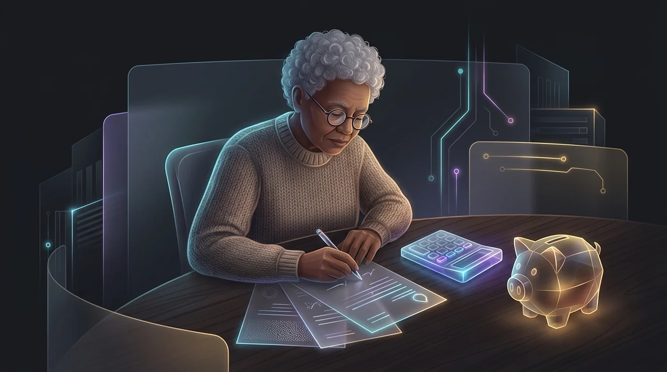 Senior reviewing life insurance documents and financial planning tools to manage final expenses and debts.