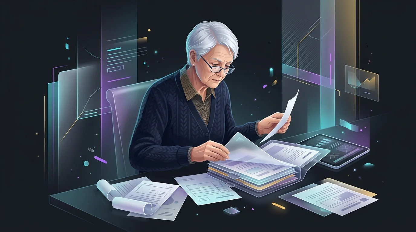 Senior reviewing life insurance documents and policy folders at a desk to compare coverage options.