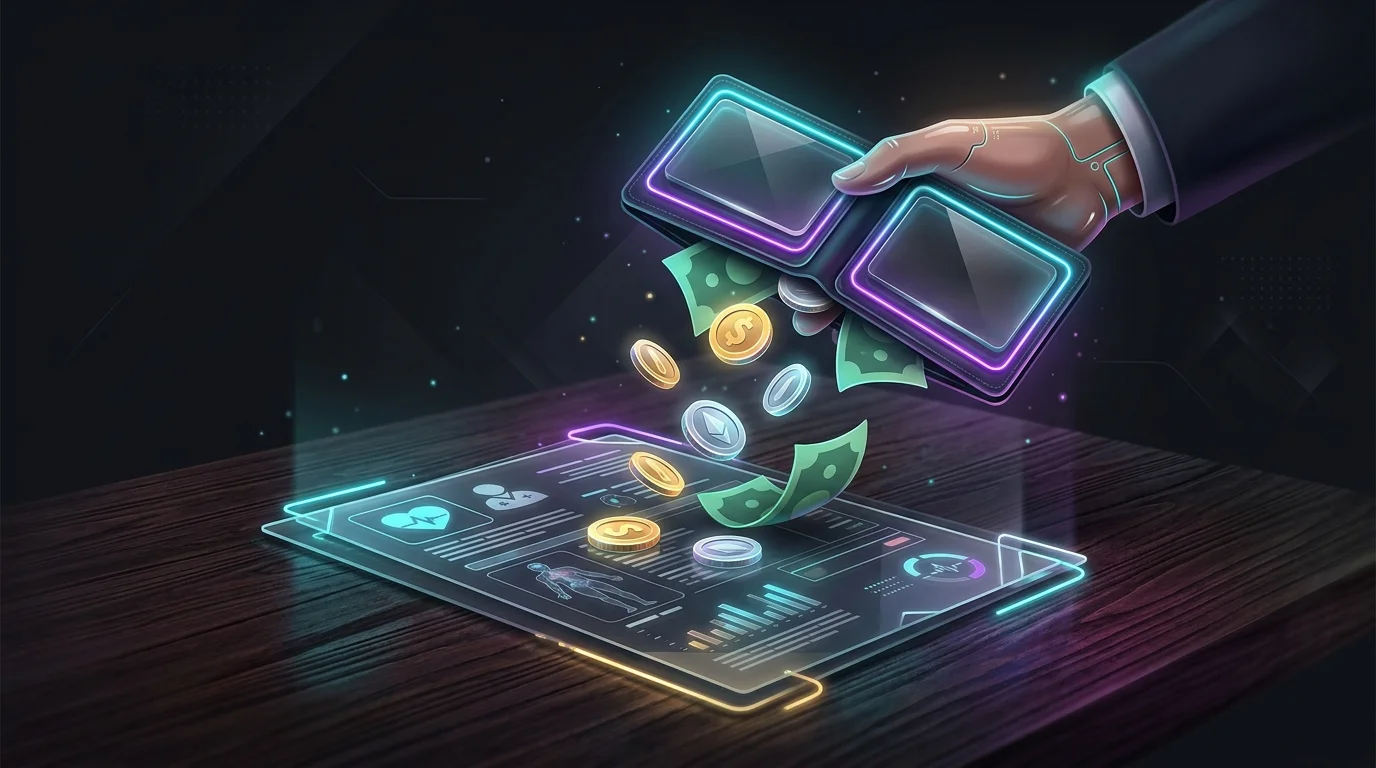 Coins and dollar bills spilling from a wallet onto a medical bill, illustrating out-of-pocket health insurance costs.