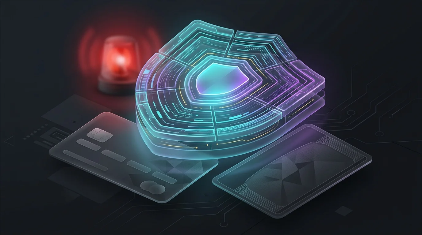 Digital security shield protecting a credit card and social security card from identity theft threats.