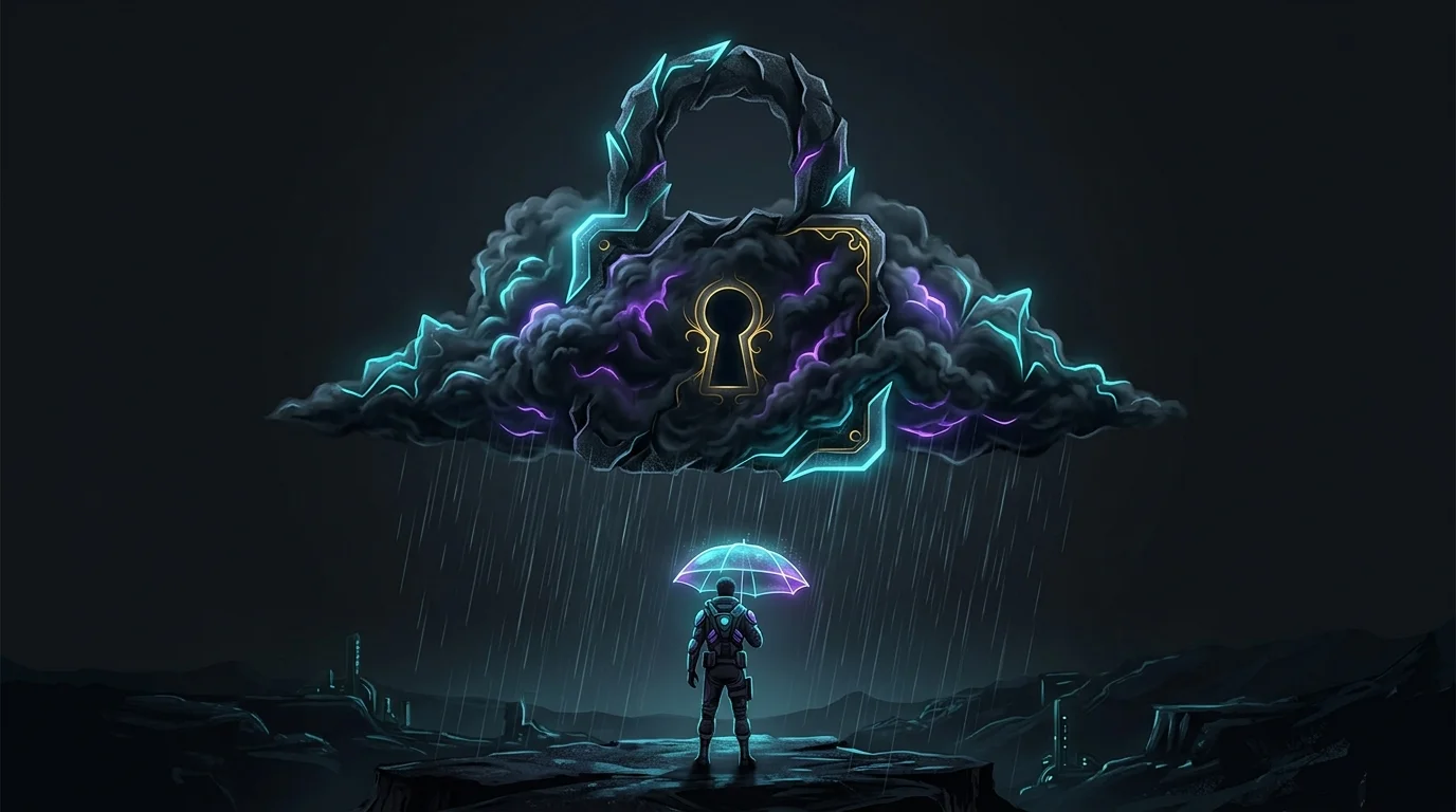 Person holding an umbrella to shield themselves from a padlock-shaped raincloud symbolizing identity theft protection.