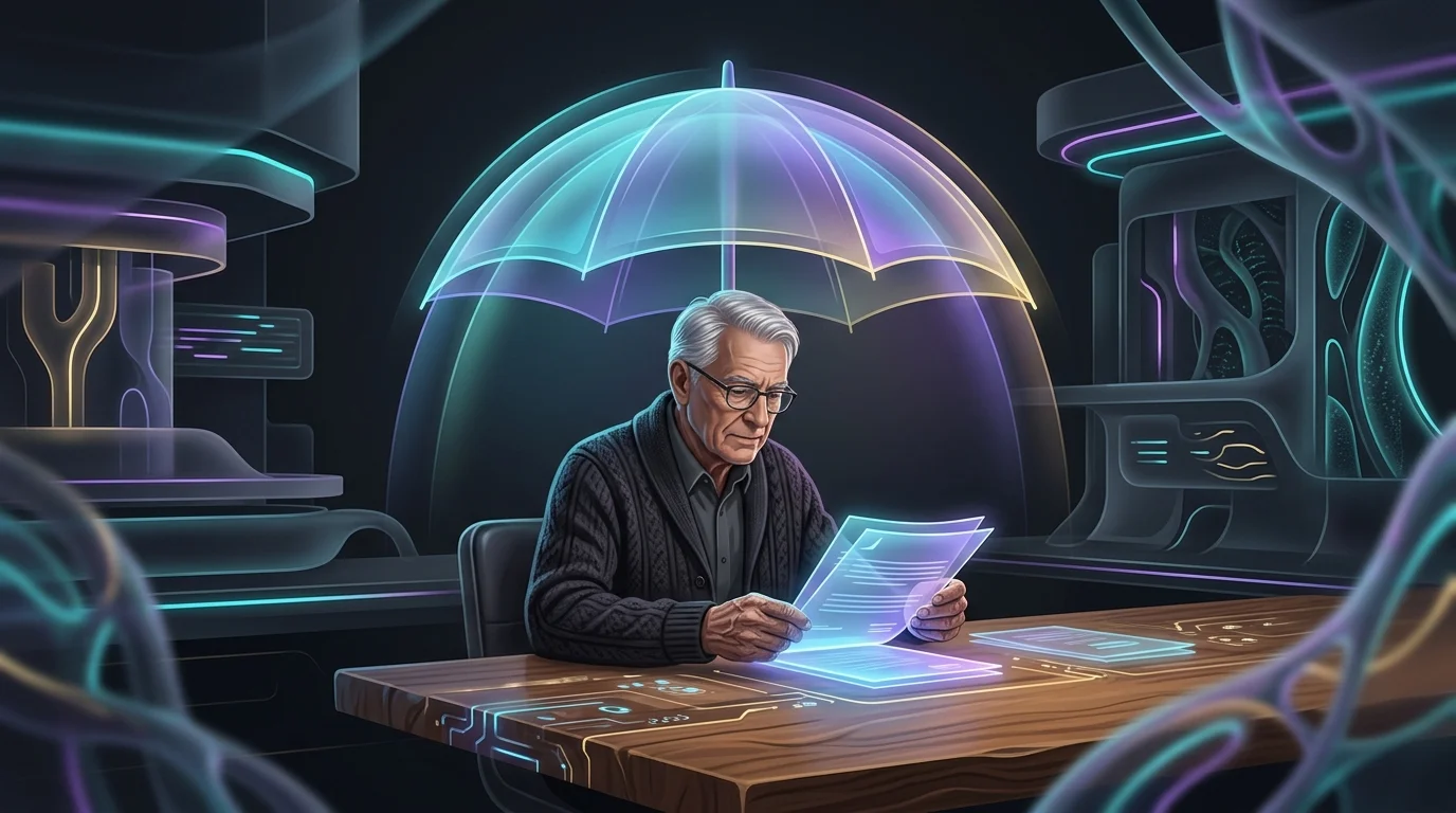 Senior reviewing SBLI term life insurance documents under a protective umbrella icon.
