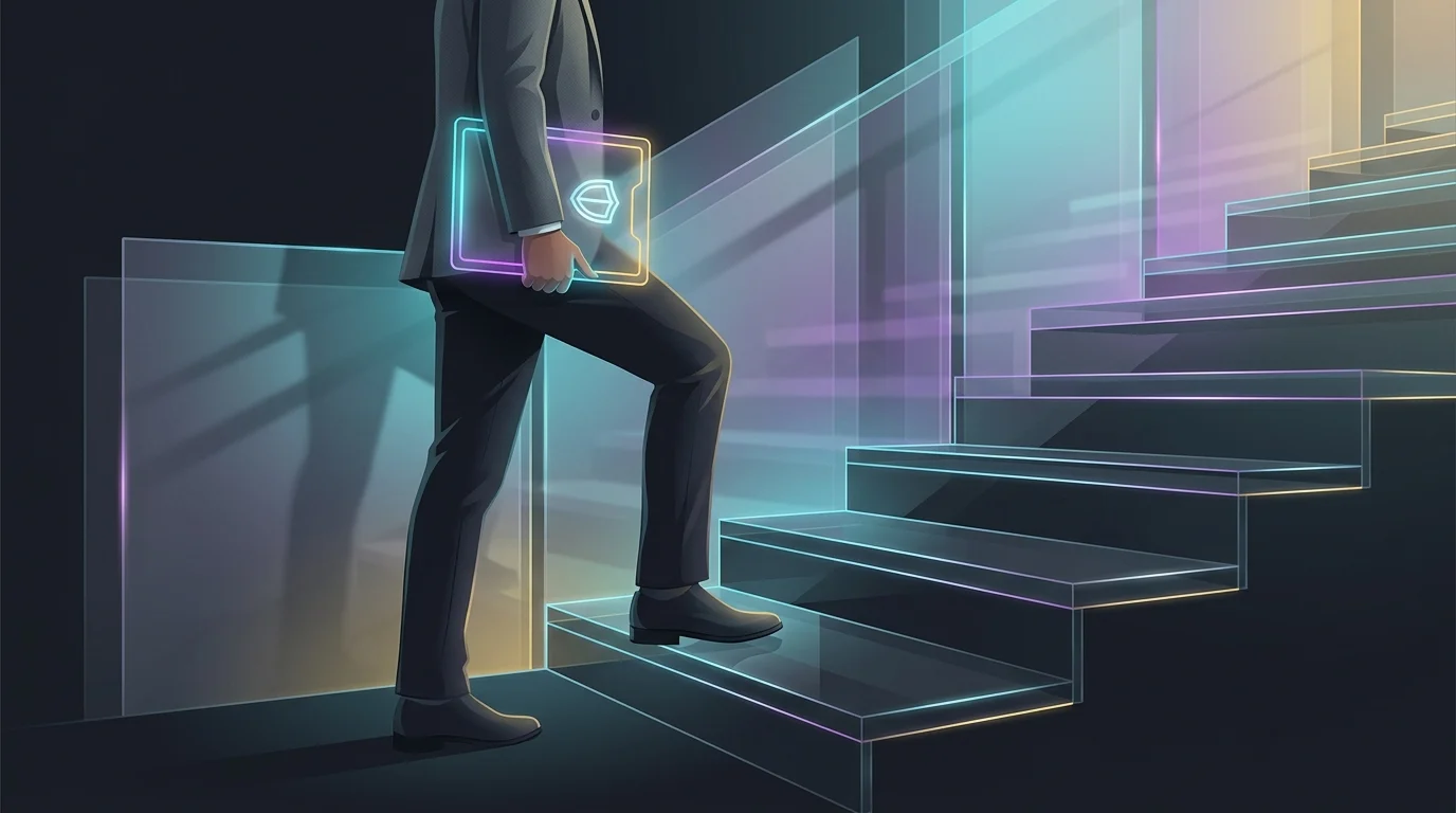Person taking a confident first step on stairs holding an insurance folder to start their term life insurance journey.