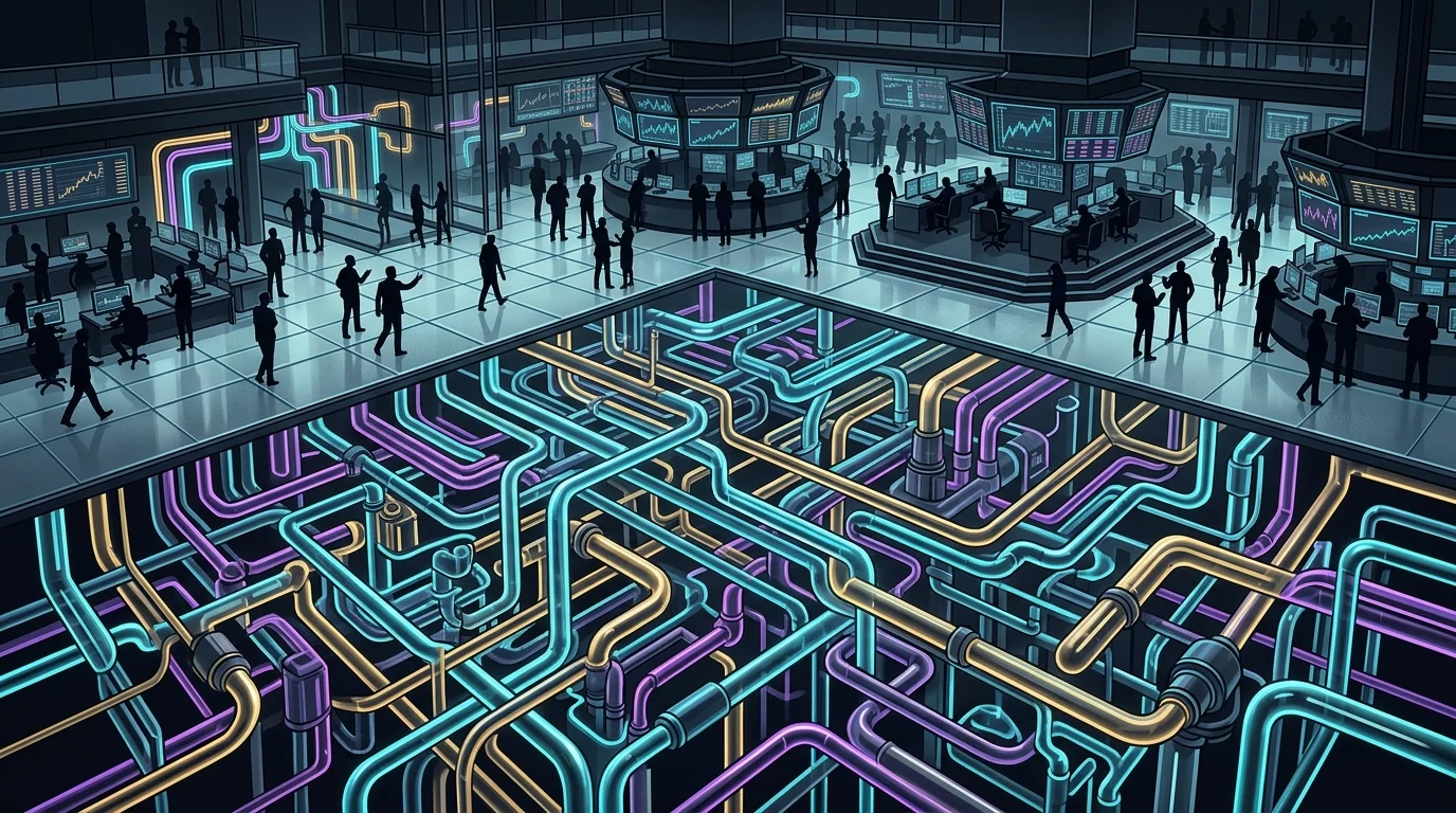 Glowing digital network beneath a stock exchange floor representing the invisible DTCC infrastructure.