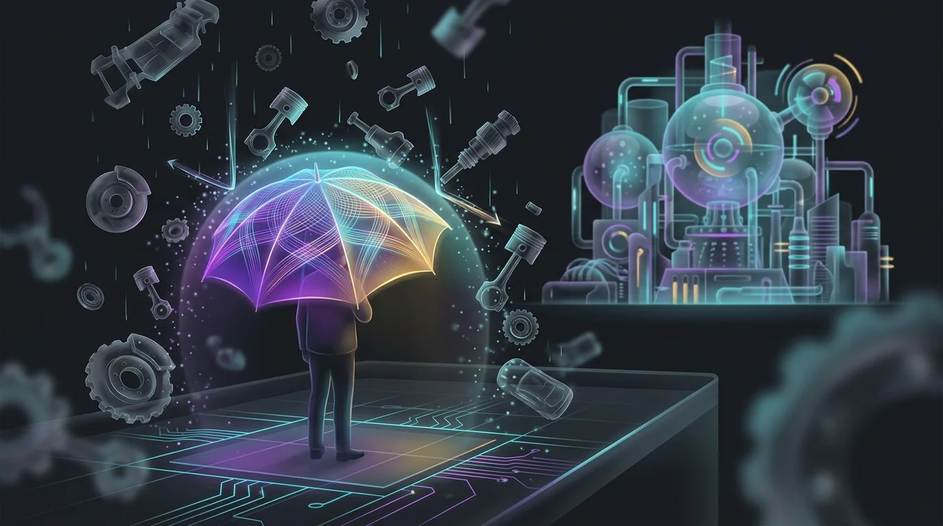 Sturdy umbrella shielding a person from falling car parts, representing personal insurance over DTCC financial systems.