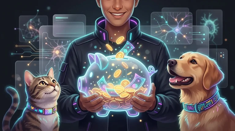Person holding an overflowing piggy bank next to a dog and cat, illustrating multi-pet insurance savings.