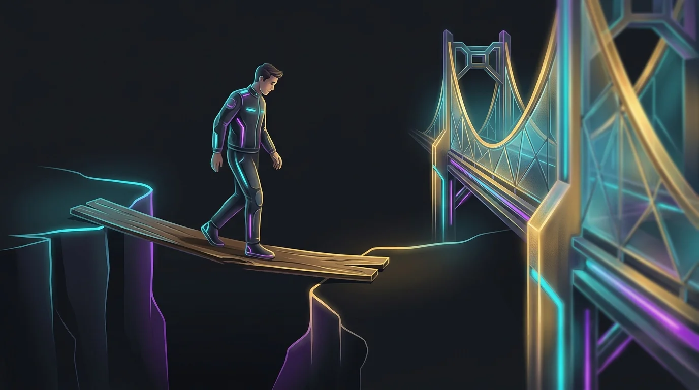Driver standing on a narrow wooden plank over a chasm, illustrating the risk of inadequate car insurance coverage.