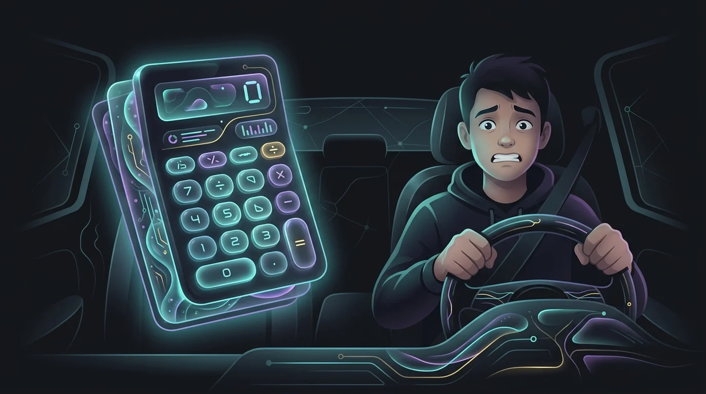 Nervous teen driver with a giant glowing calculator representing high car insurance premiums for new drivers.