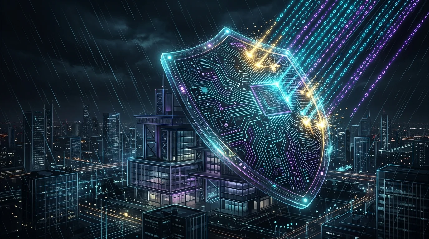 Digital circuit board shield protecting a corporate office building from cyber threats and insurance risks.
