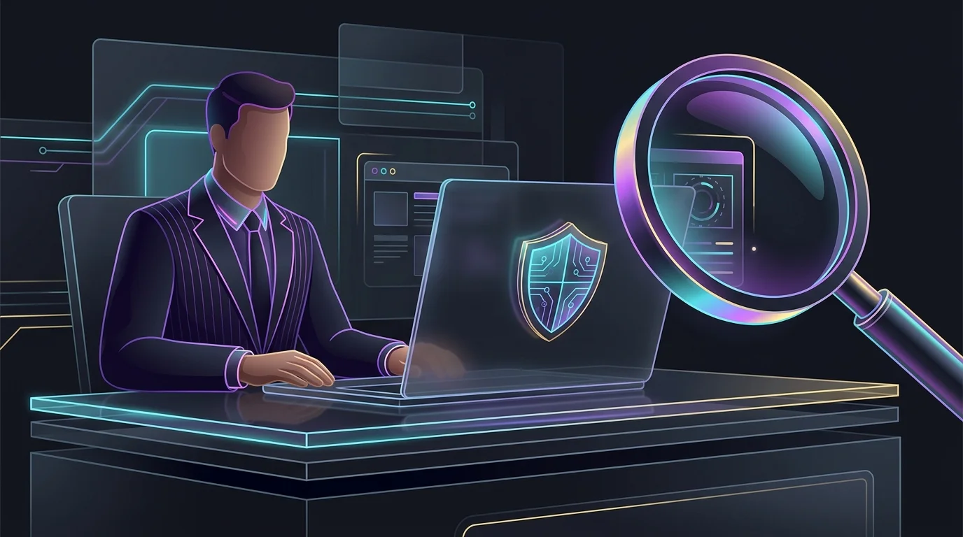 Businessman reviews laptop security settings to meet cyber liability coverage requirements.