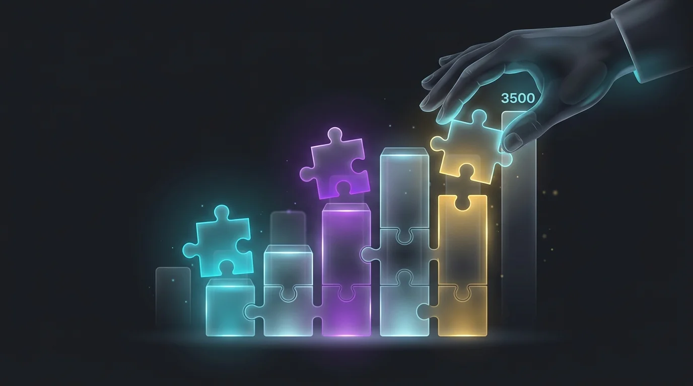 Person assembling puzzle pieces into a bar chart to illustrate the timeline for improving your credit score.