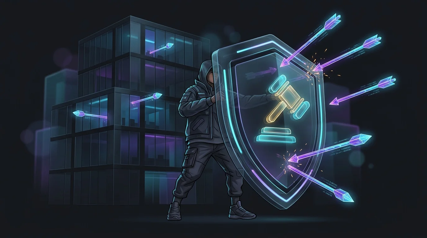 Person behind a shield with a gavel deflecting legal arrows to represent using credit laws to protect your score.