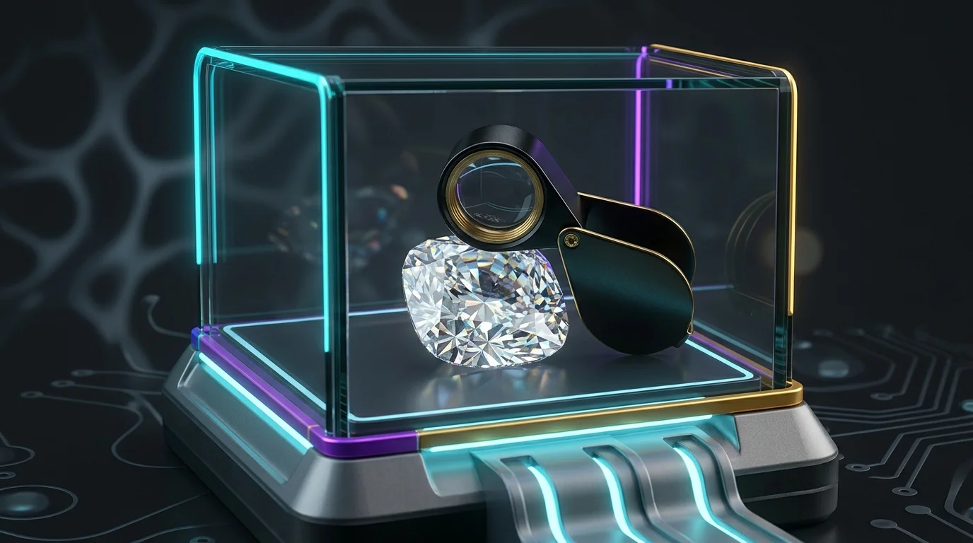Jewelerโs loupe inspecting a three-carat cushion-cut diamond protected by specialized jewelry insurance.