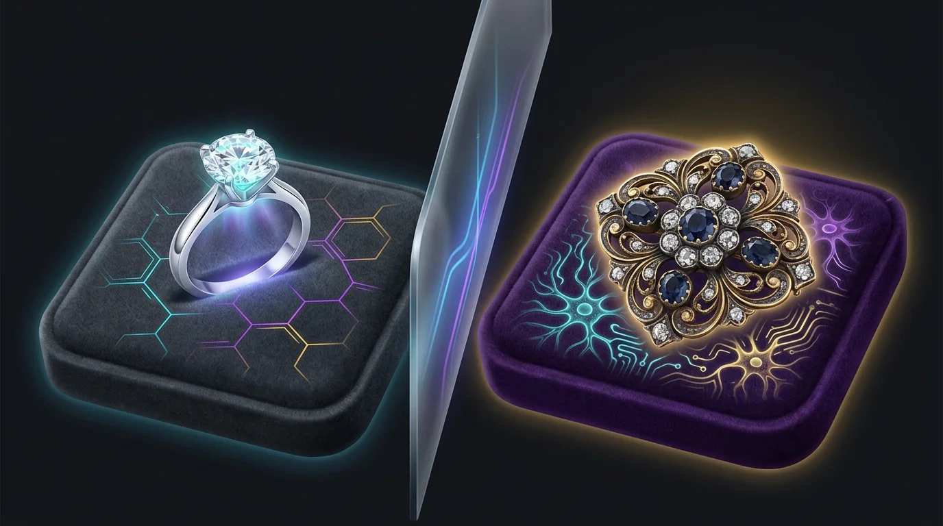 Modern diamond ring and antique heirloom brooch on velvet displays for jewelry insurance replacement cost comparison.
