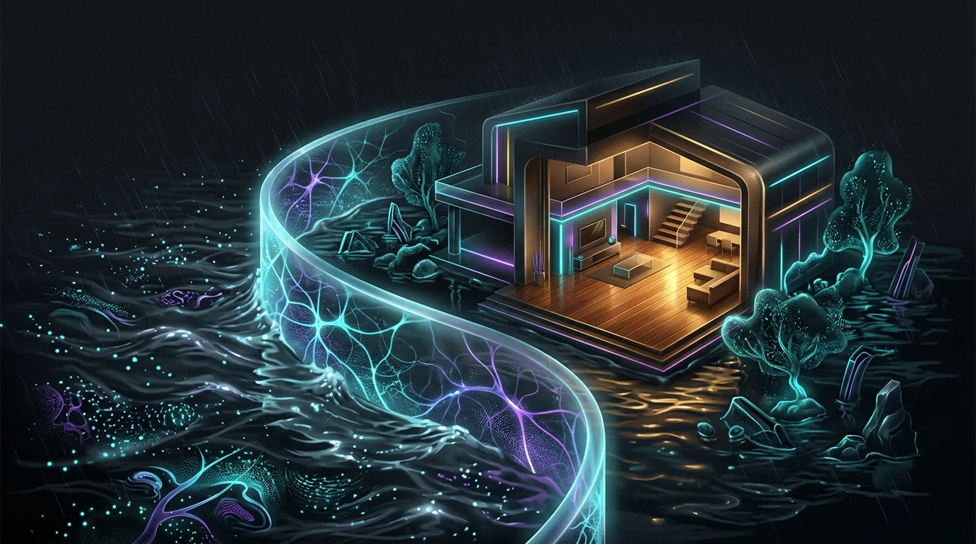 Transparent barrier protecting a home interior from rising floodwater as described in flood insurance policies.
