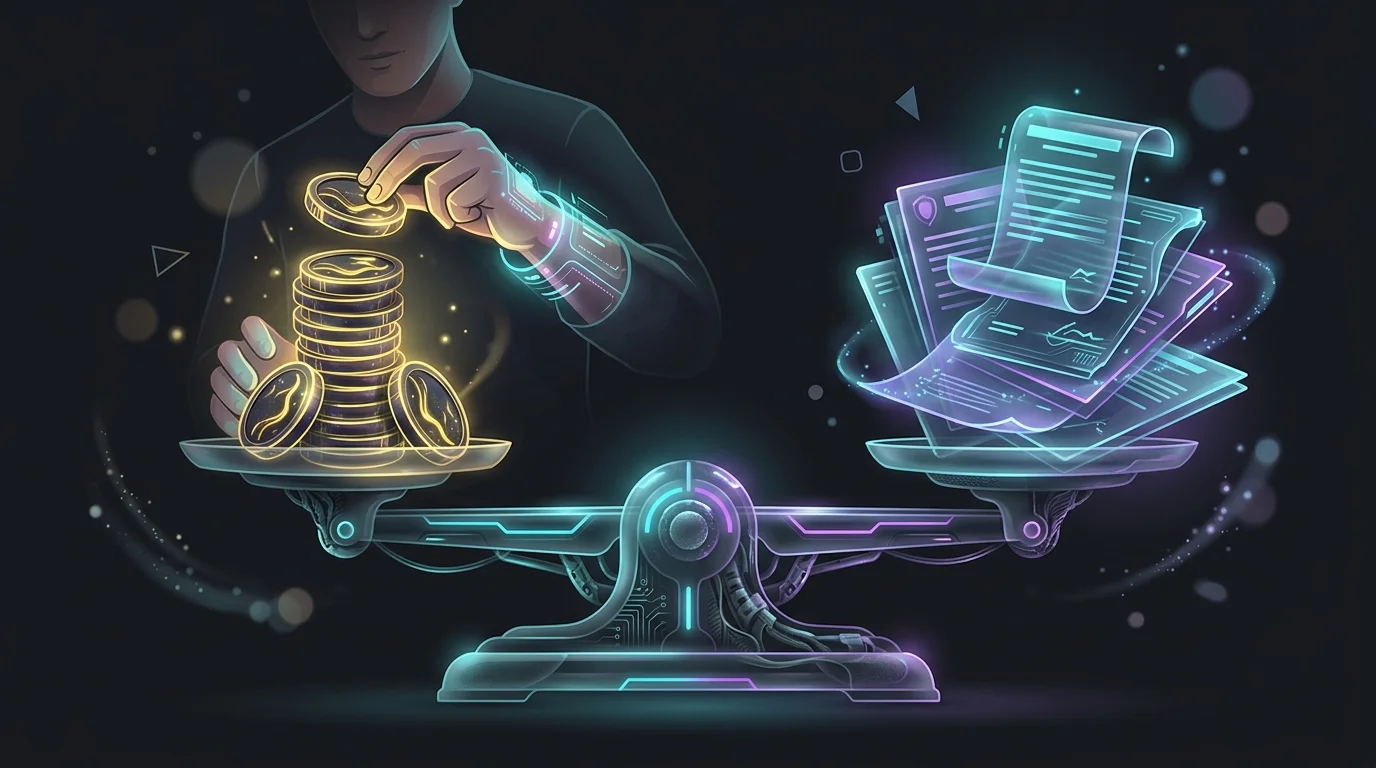 Person balancing coins against debt and insurance documents to assess financial risk tolerance.