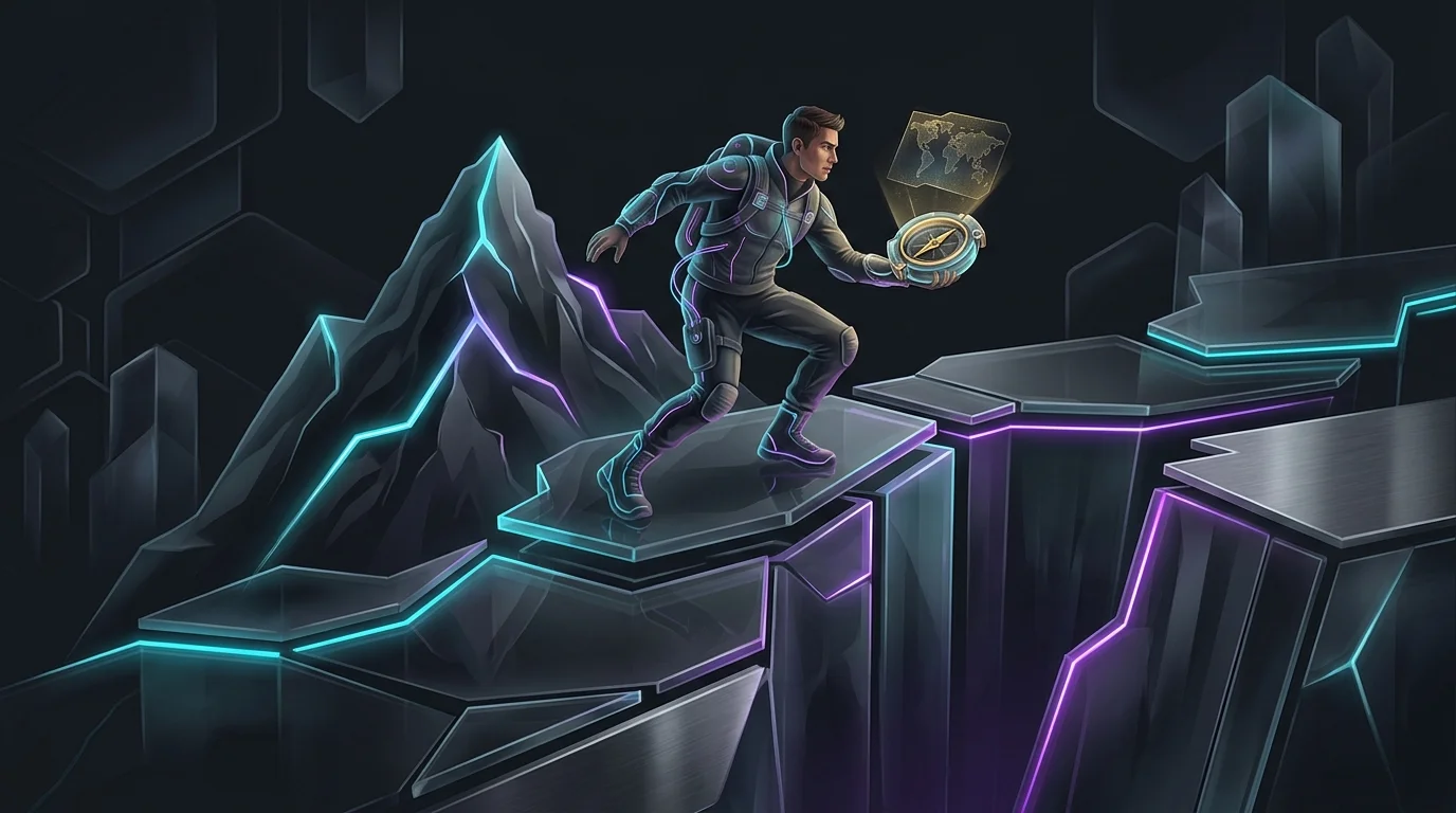 Person struggling to balance on a shifting floor with a compass, illustrating the psychological biases in investment risk.