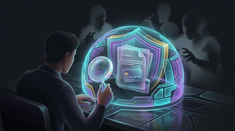 Magnifying glass examining a digital shield protecting financial documents from identity theft threats.