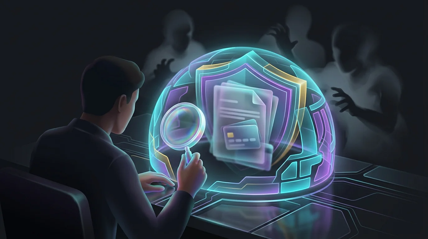 Magnifying glass examining a digital shield protecting financial documents from identity theft threats.