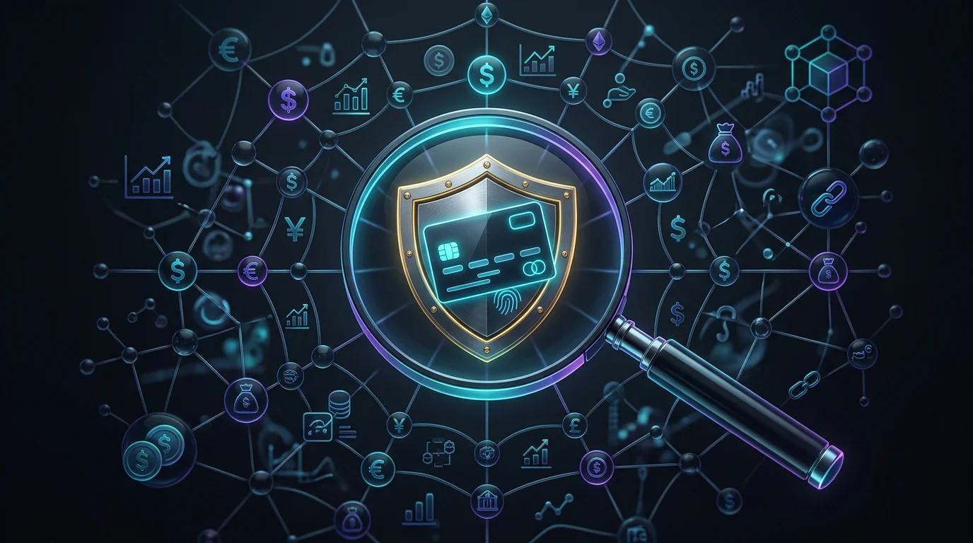 Magnifying glass focusing on a shielded credit card within a network, representing robust identity theft protection.