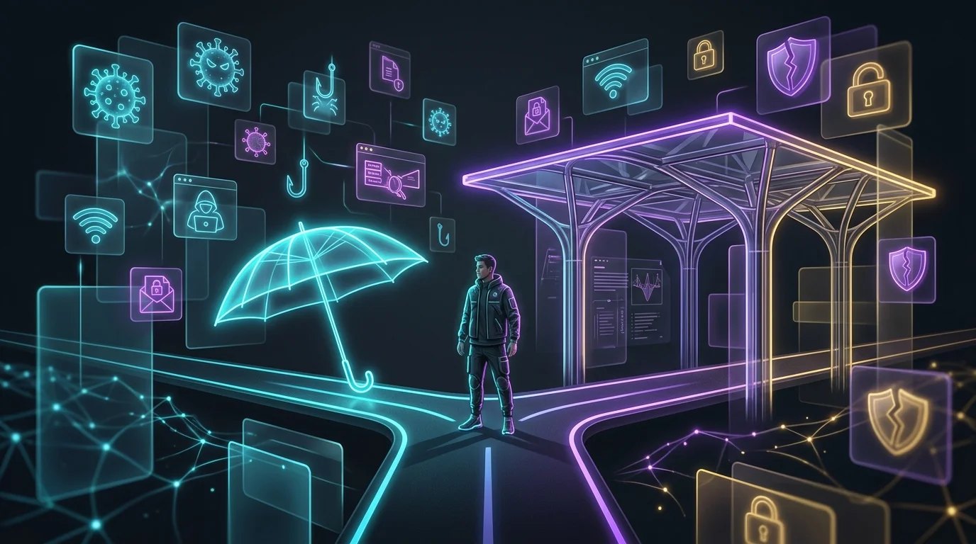 Person at a crossroads choosing between protection tiers to secure their identity against digital threats.