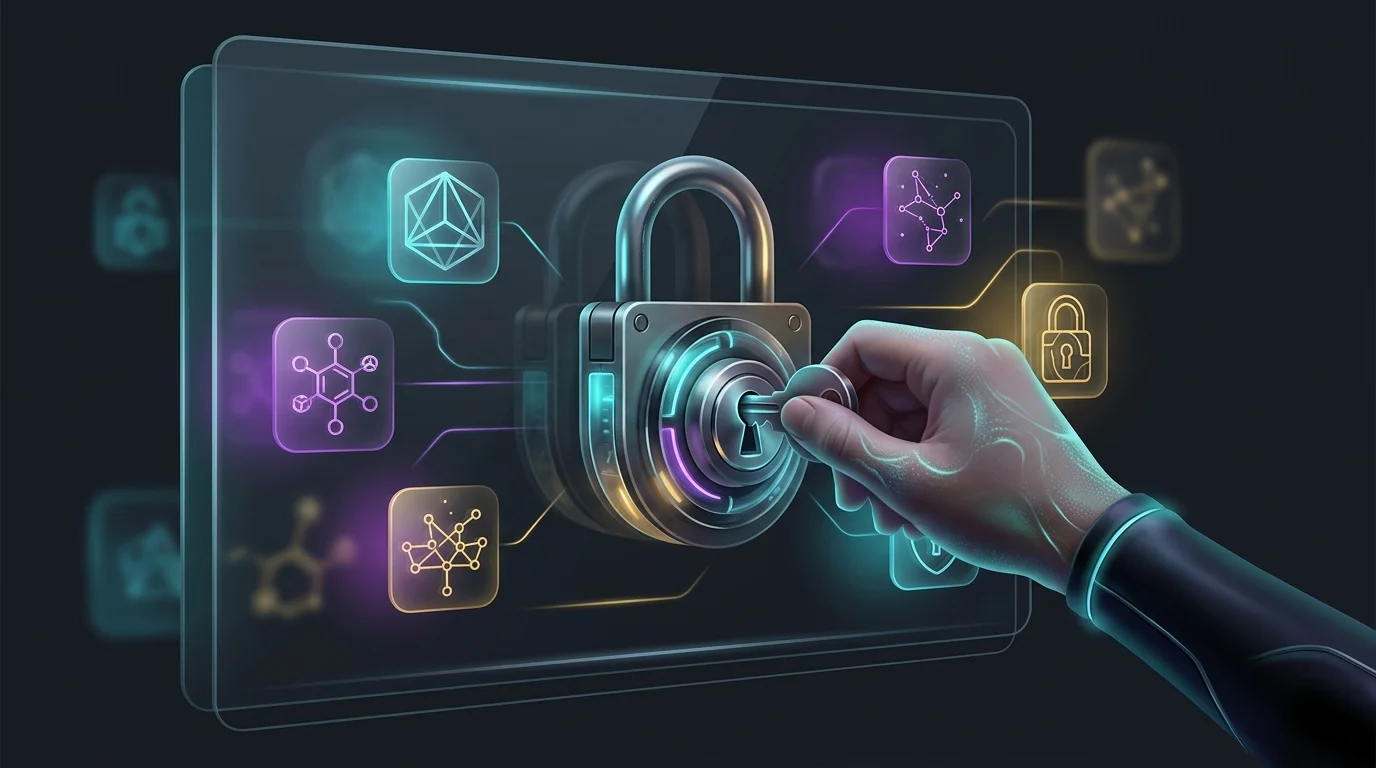 Hand turning a padlock on a digital screen to symbolize securing accounts for robust identity theft protection.