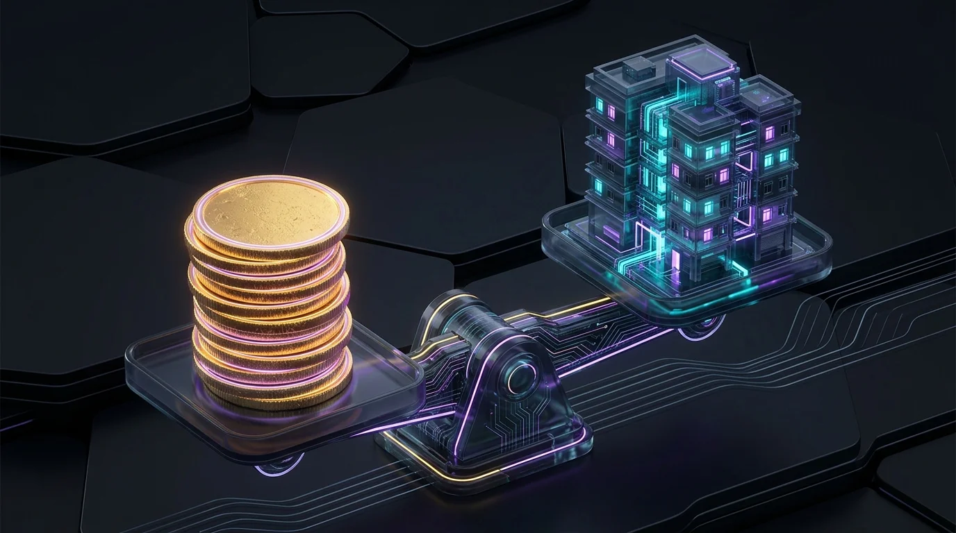 Scale balancing gold coins against an apartment to represent the high urban cost of living and housing expenses.