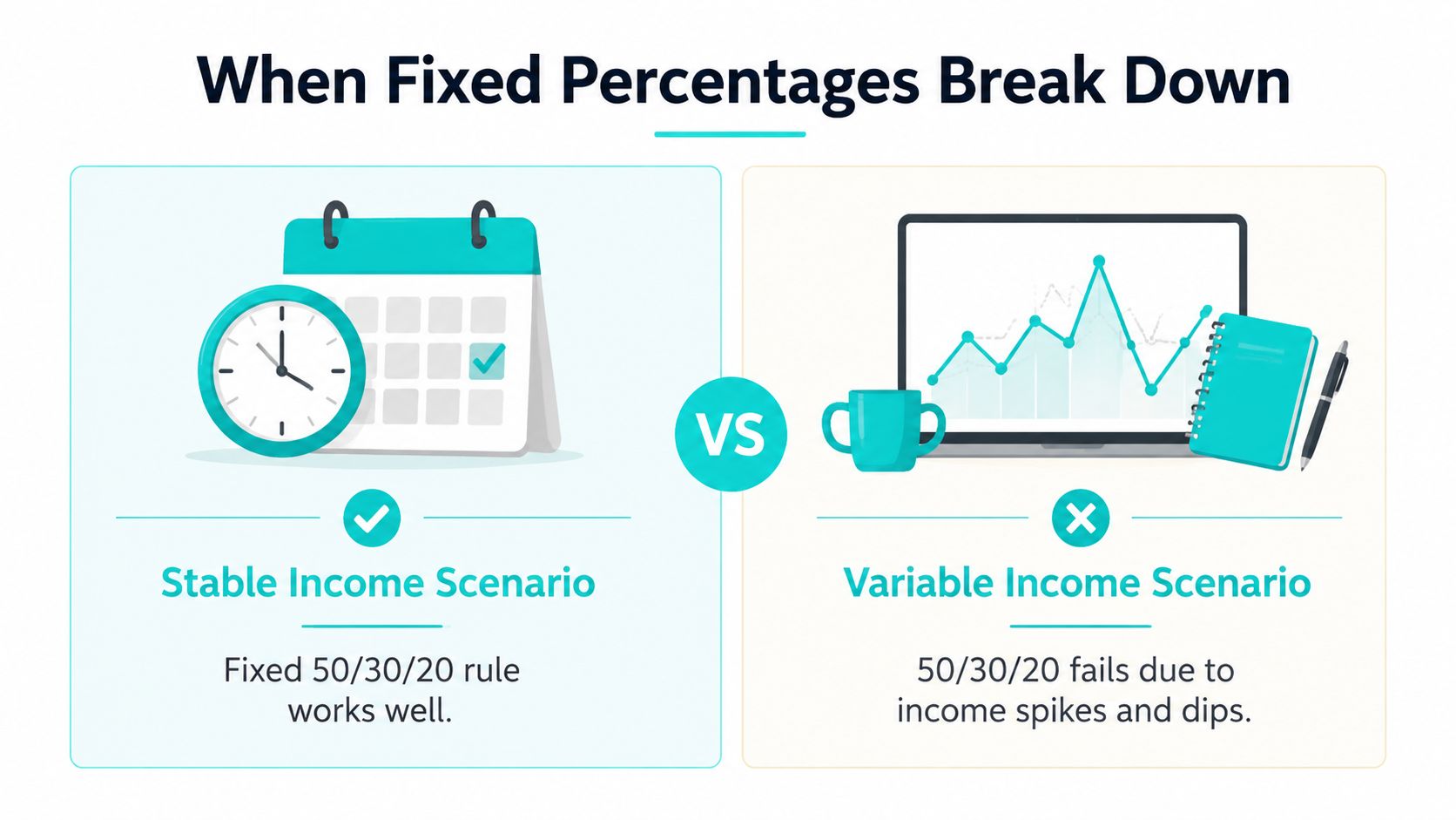 Infographic comparing how the 50/30/20 budgeting rule works for stable income versus variable income scenarios.