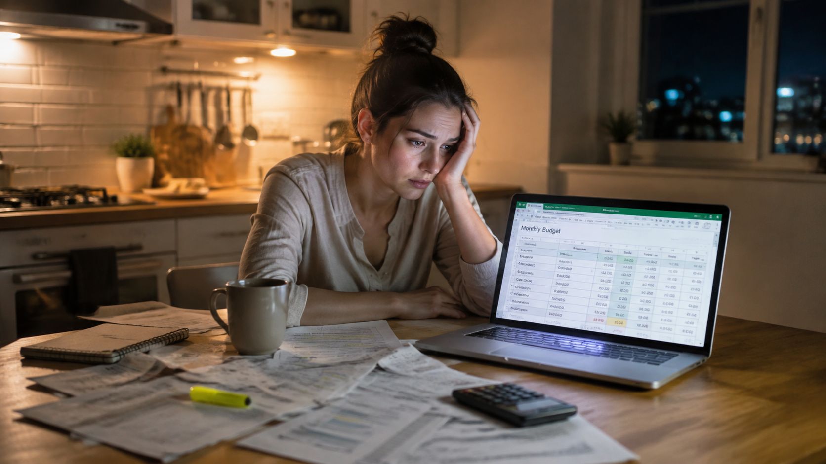 A stressed woman sits at a kitchen table working on her monthly budget on a laptop.
