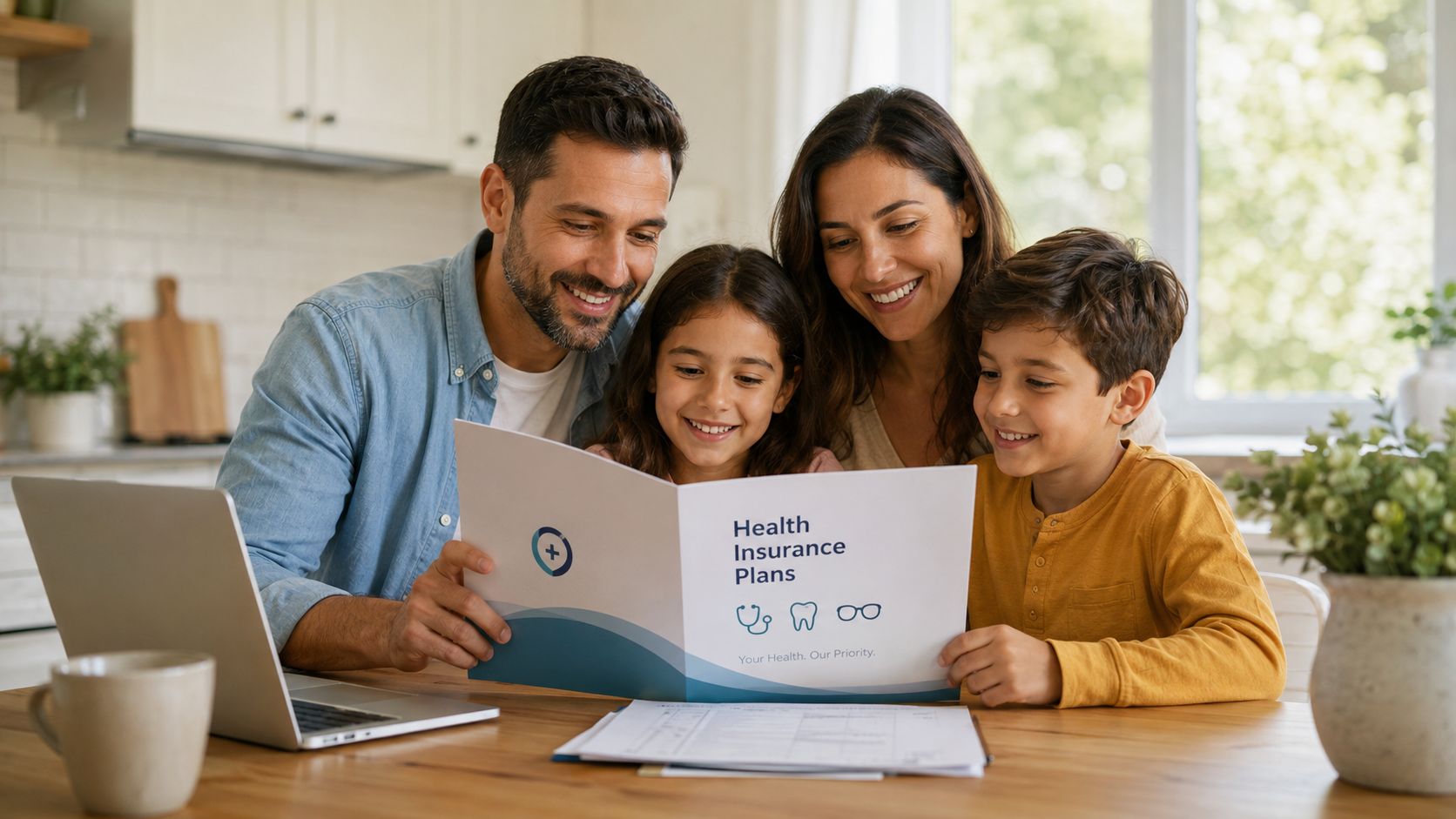 A happy family sitting at a table while reviewing a brochure about health insurance plans together.