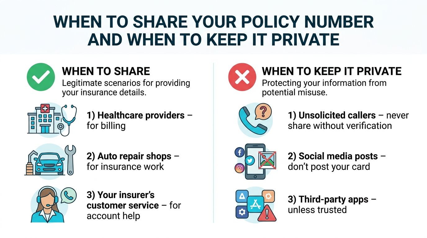 An infographic detailing when to share or keep your insurance policy number private for security.
