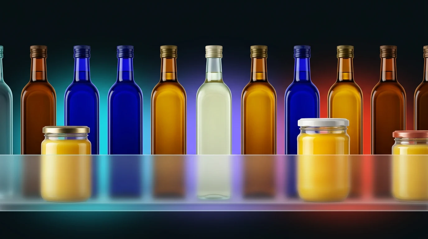Shelf of cooking oil bottles with tallow and ghee jars in front