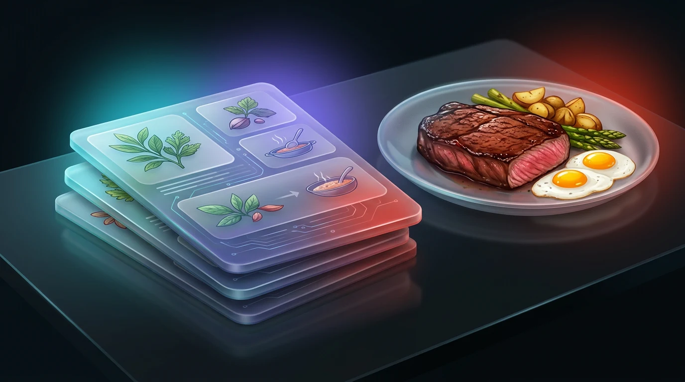 Stack of recipe cards beside a plate of steak and eggs