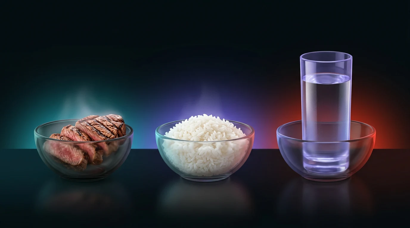 Bowls of steak, rice and water showing post workout meal components