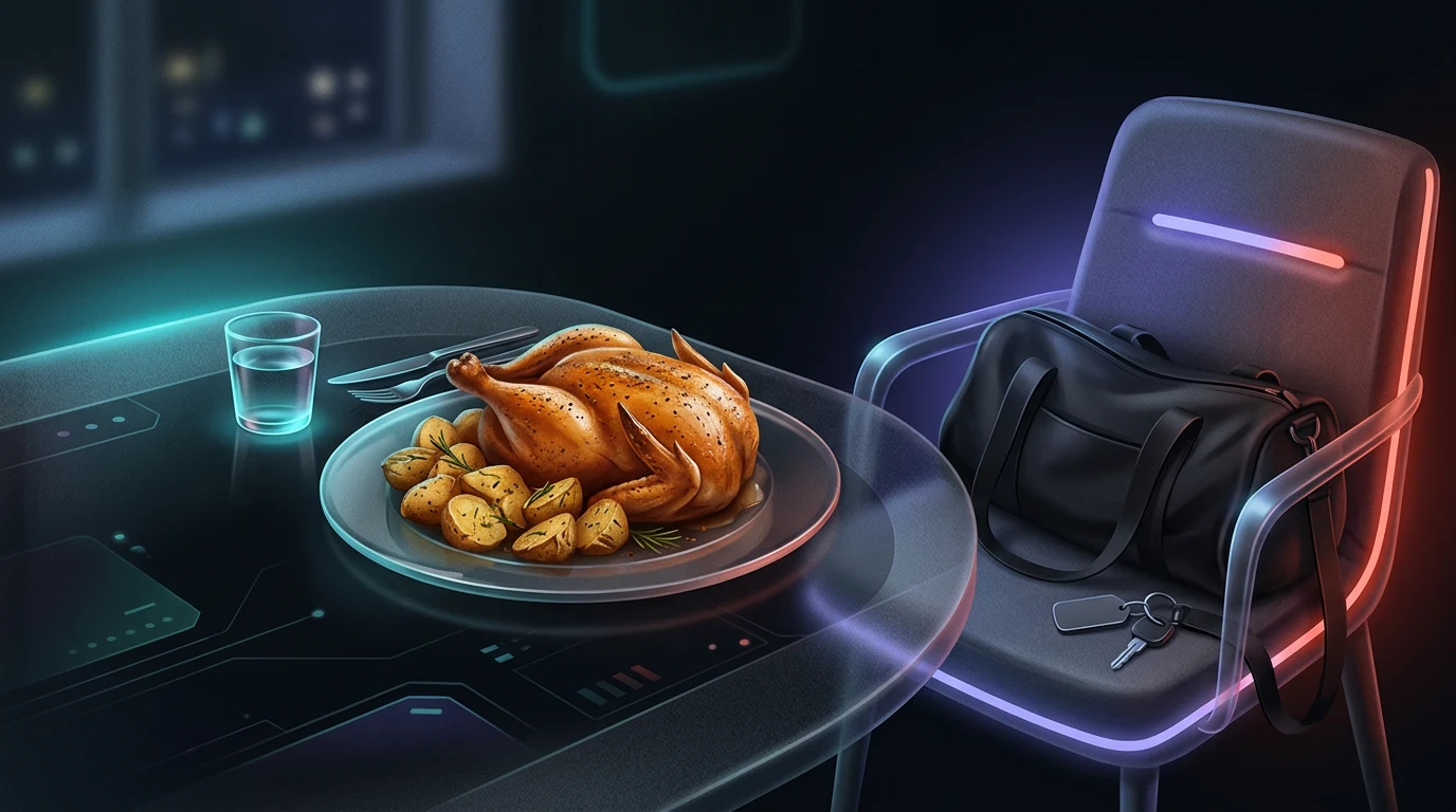 Evening plate of chicken and potatoes beside car keys and a gym bag