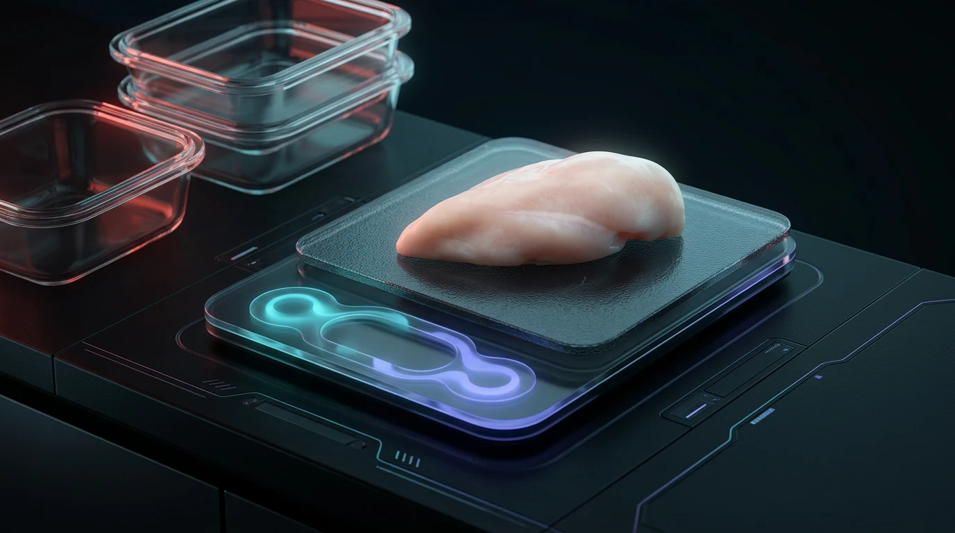Kitchen scale weighing raw chicken beside empty meal prep containers