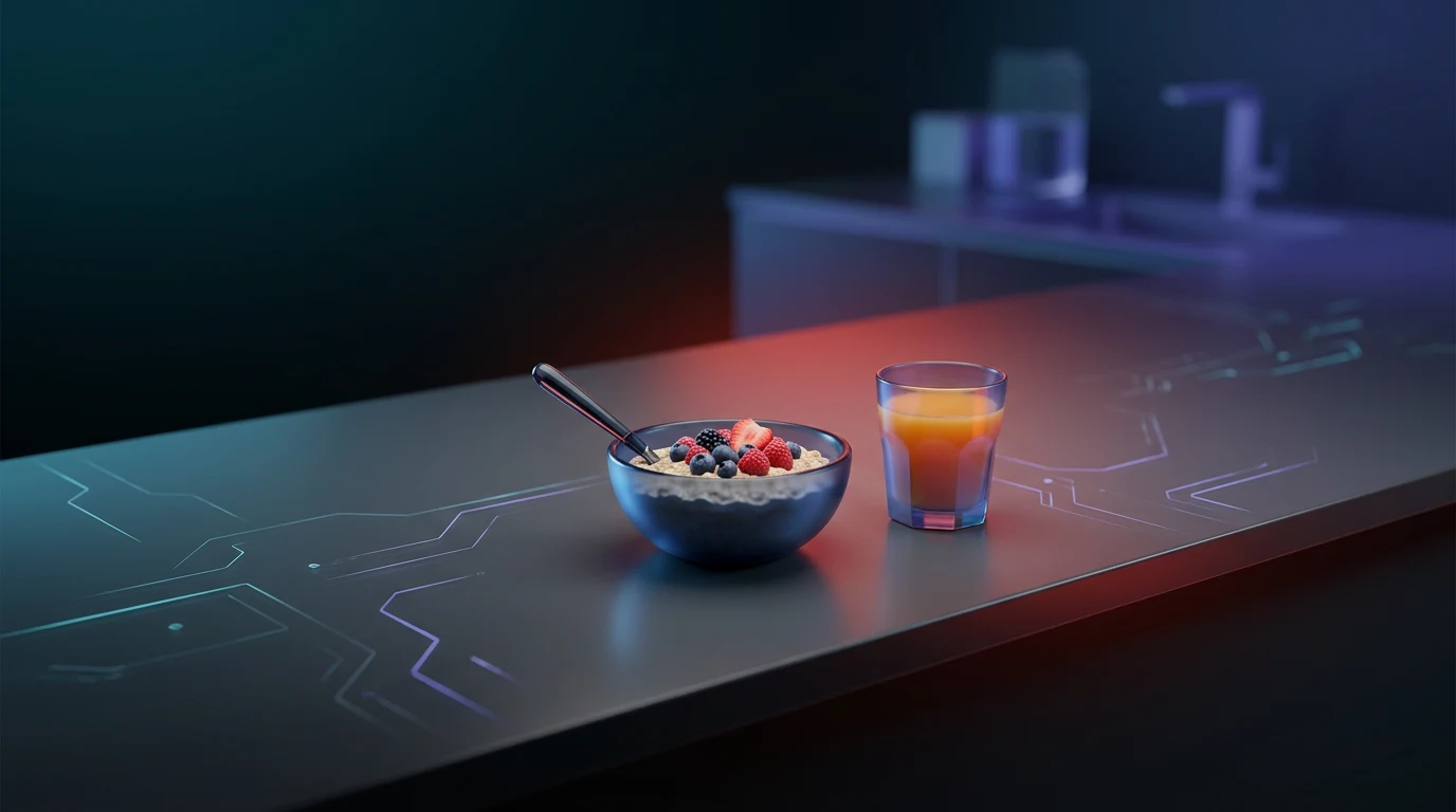 Small bowl of oatmeal and juice alone on a wide kitchen counter