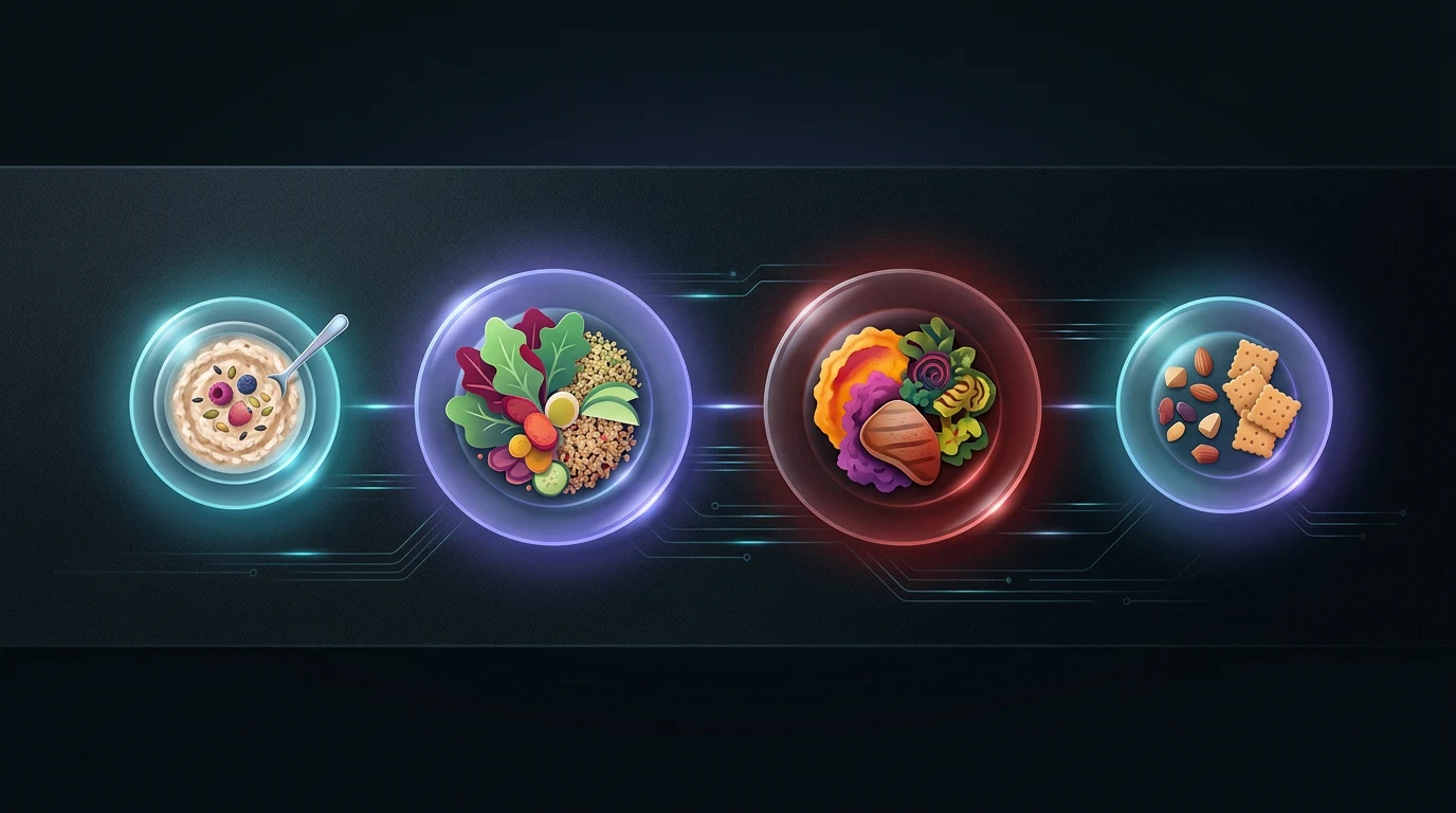 Four portioned plates showing a full day of high protein meals