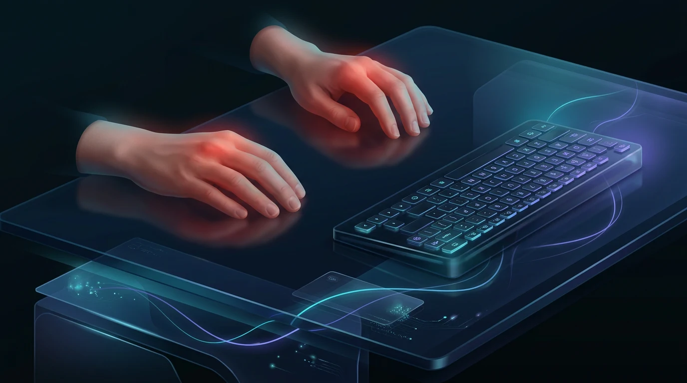 Stiff hands resting on a desk keyboard with warmth at the knuckles