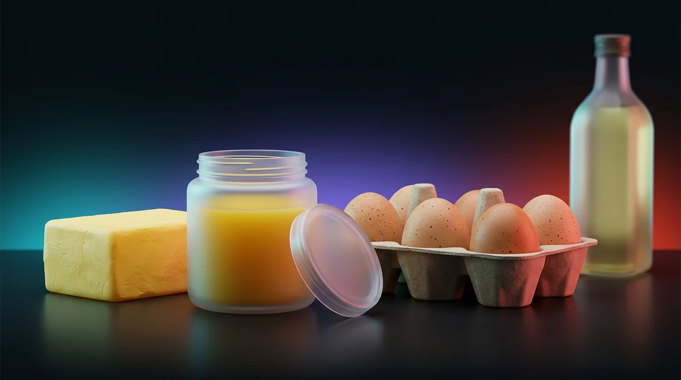 Butter, ghee and eggs on a counter with seed oil pushed aside