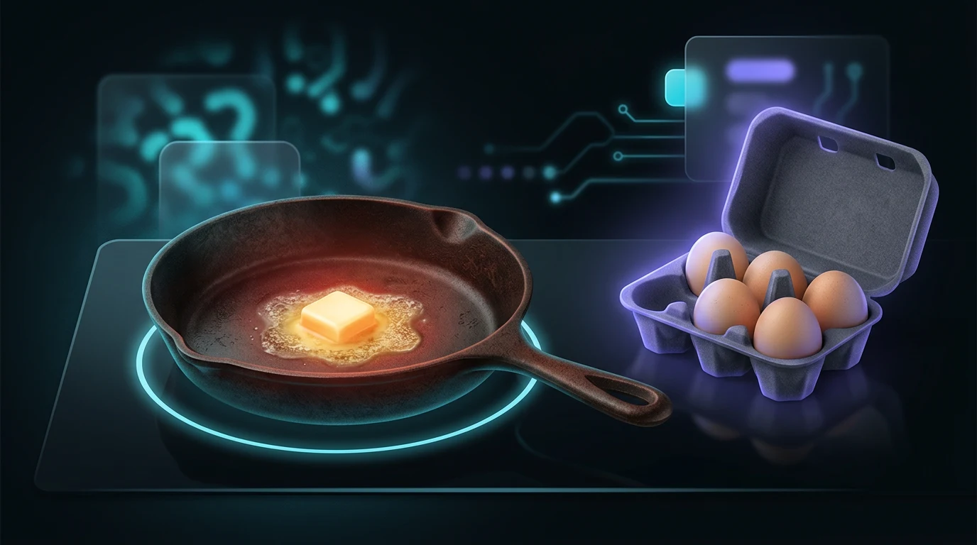 Butter melting in a cast iron pan beside an open carton of eggs